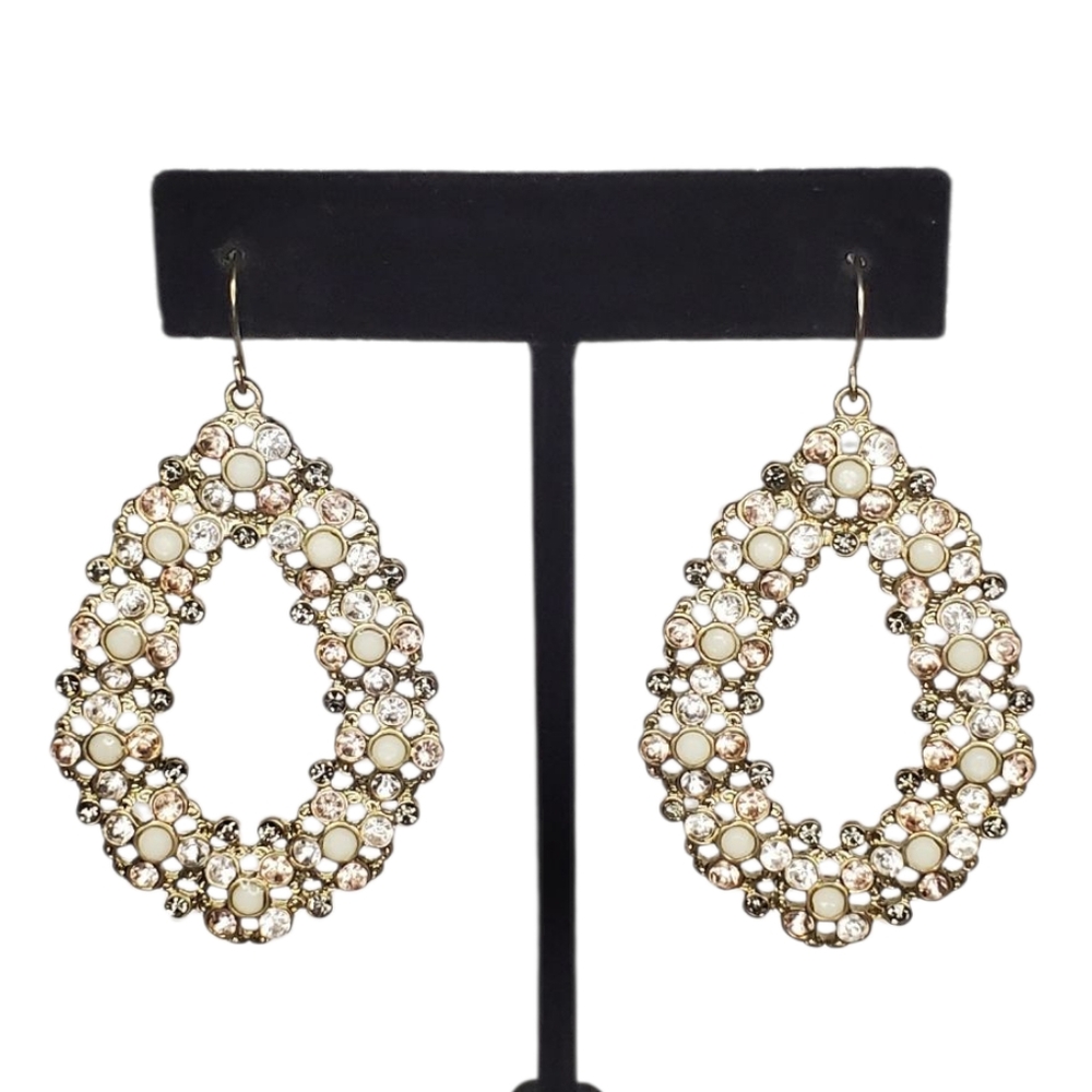 Unsigned Antique Gold Tone Multi Color Rhinestone Teardrop Dangle Earrings